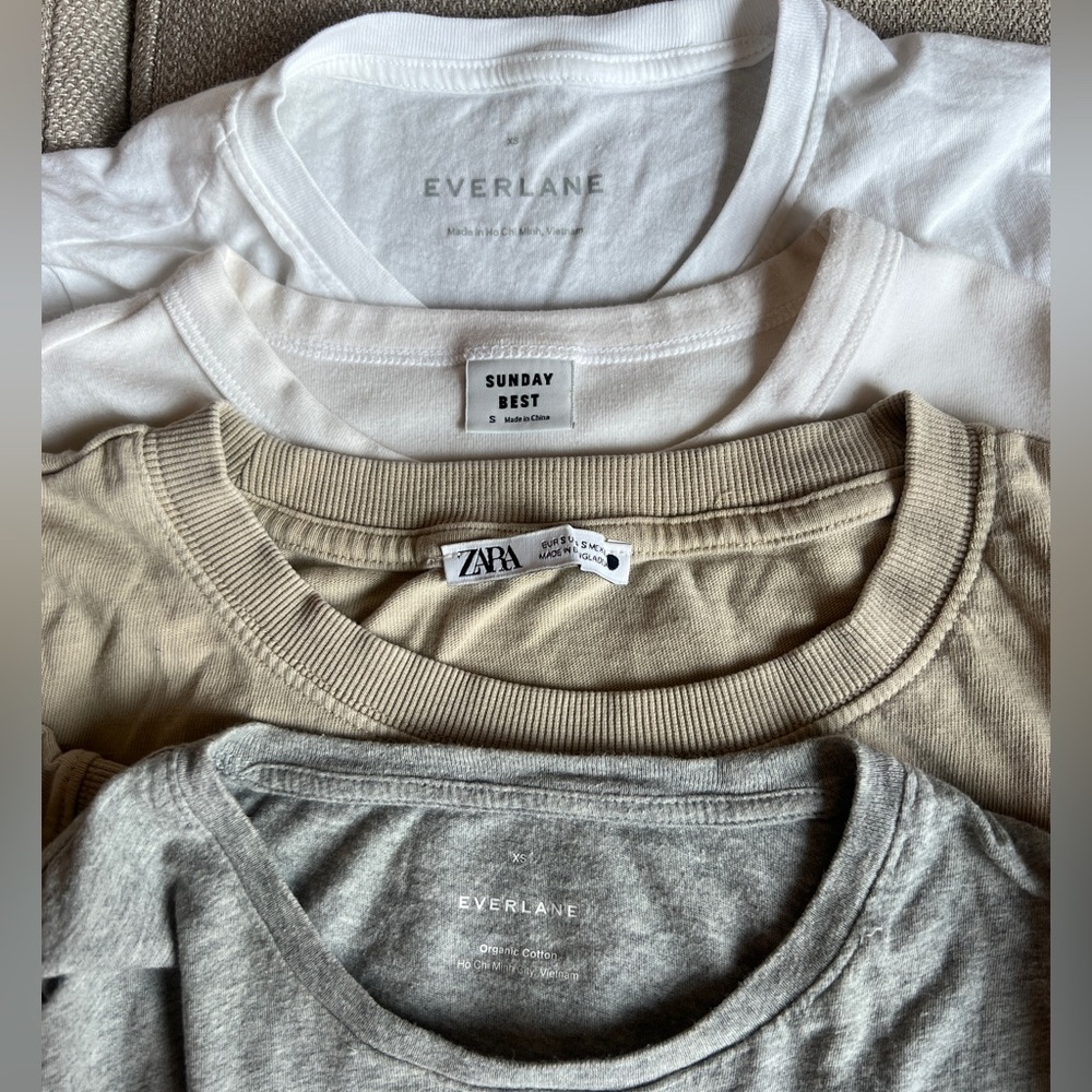 Set of 4 XS/S neutral short sleeve t-shirts, Aritzia, Everlane and Zara